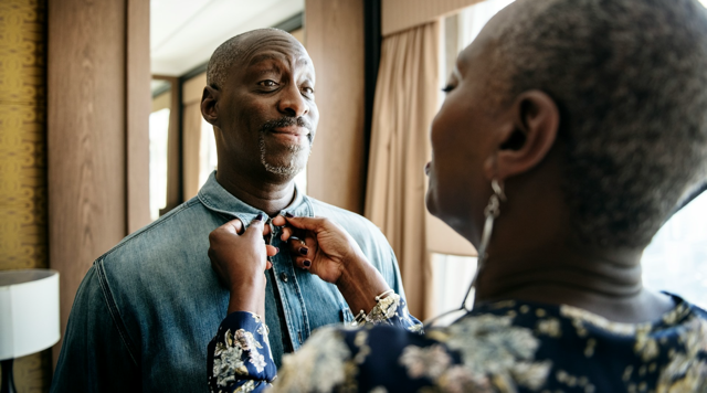 An African American woman, seen from behind, helps an African American man button his shirt as he smiles warmly at her.