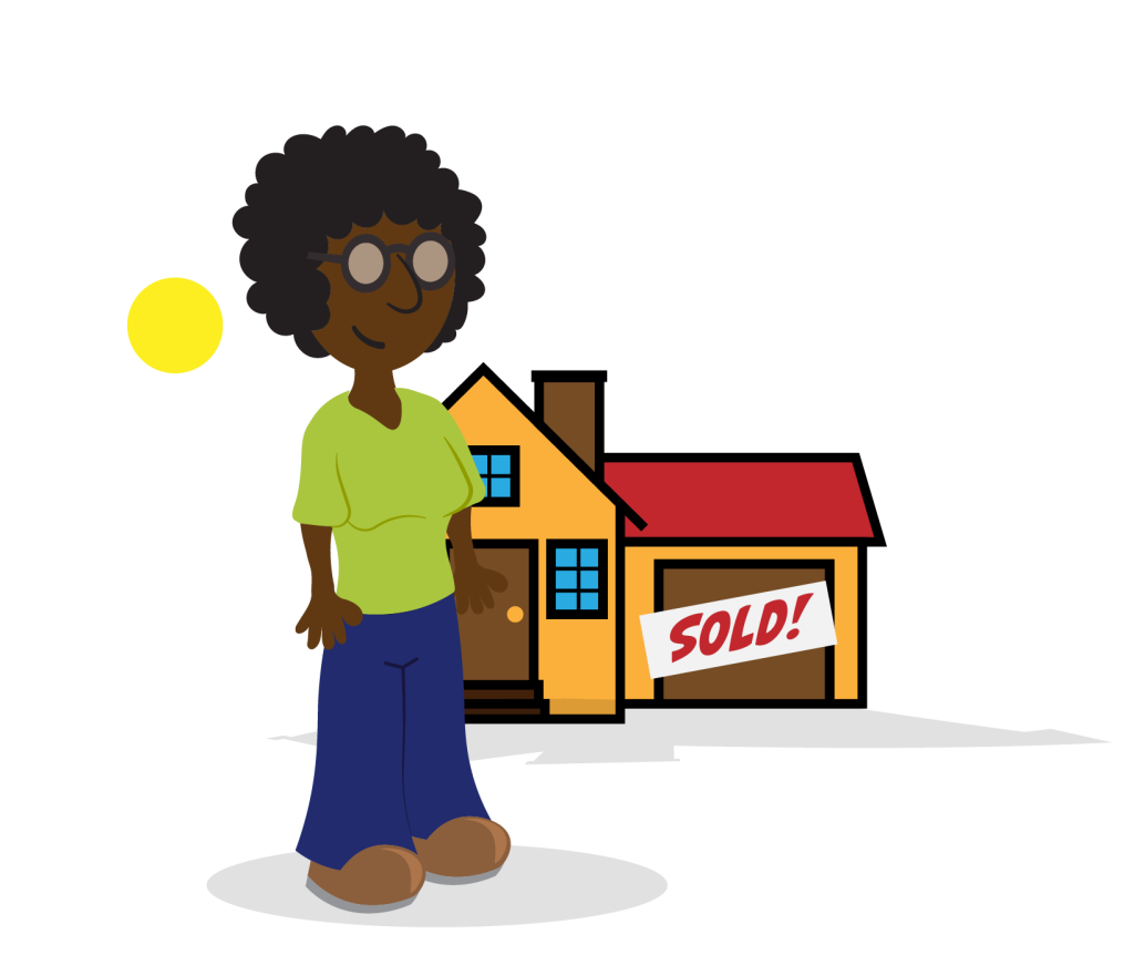 An illustration of an African American Woman standing outside a newly purchased home.