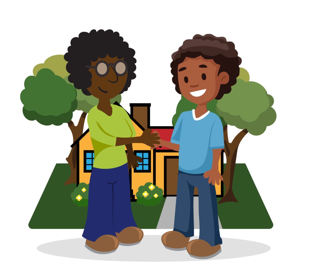 An illustration of an African American women shaking the hand of an African American man after the sale of a home.