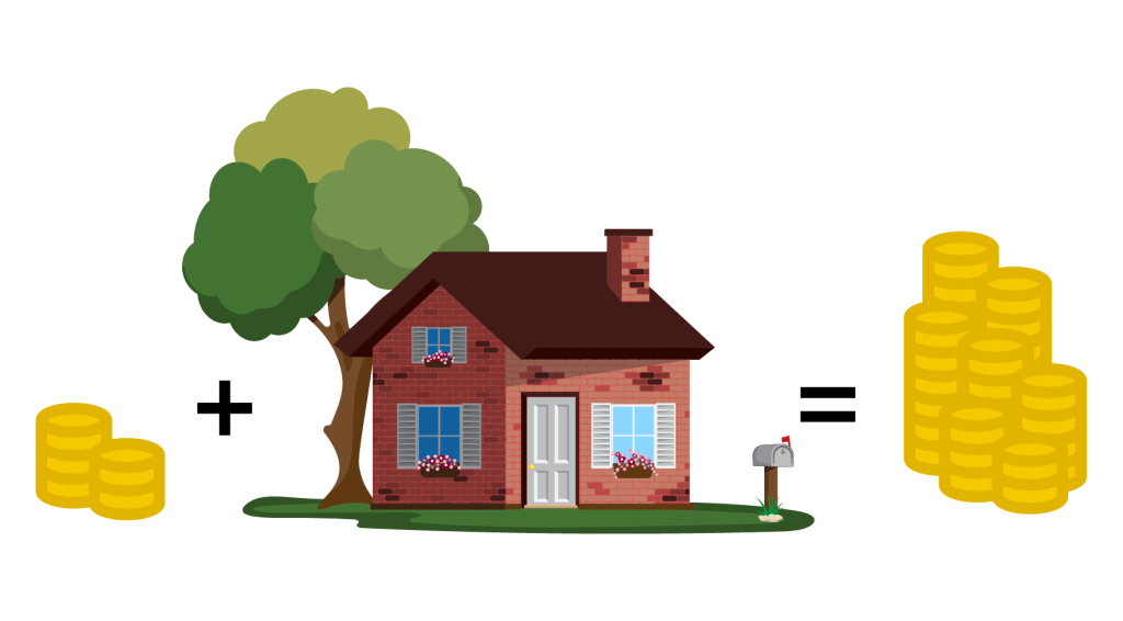Illustration of a stack of coins followed by a plus sign and a house, then an equals sign and a larger stack of coins, symbolizing home investment or financial growth.