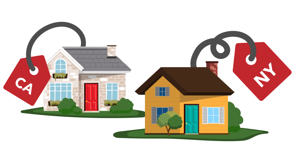 Illustration of two houses one with a price tag for California and the other with a price tag for New York.