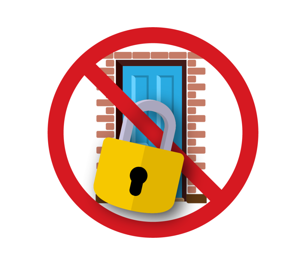 Illustration of the front door of a house behind a red prohibition sign and a padlock.