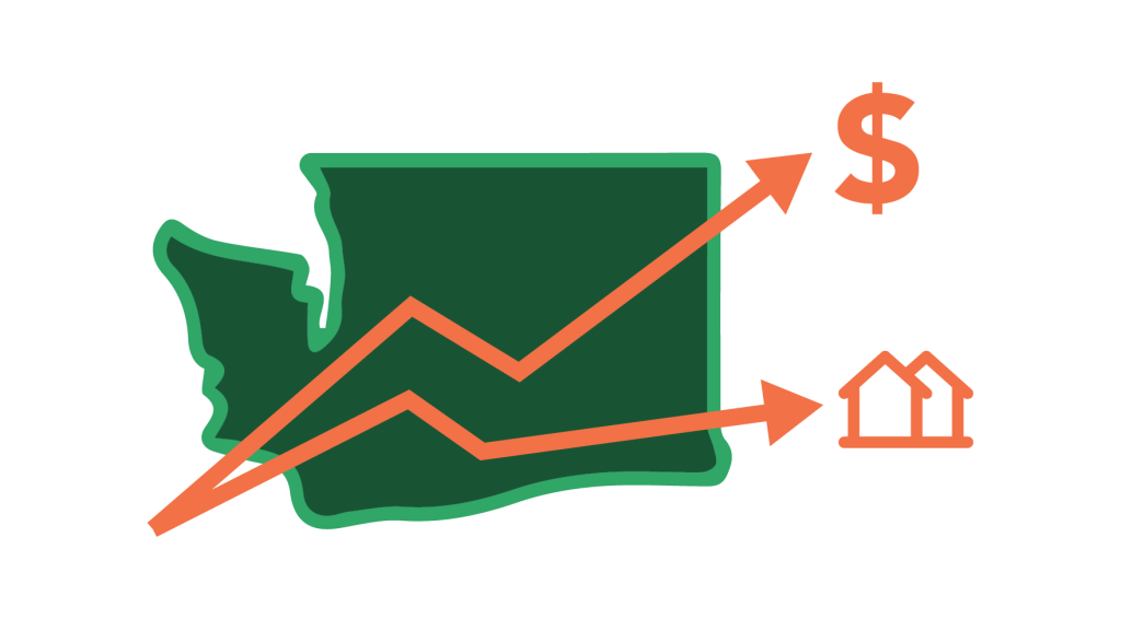Map of the state of Washington with an upward arrow representing economic growth and a lesser upward arrow representing housing.
